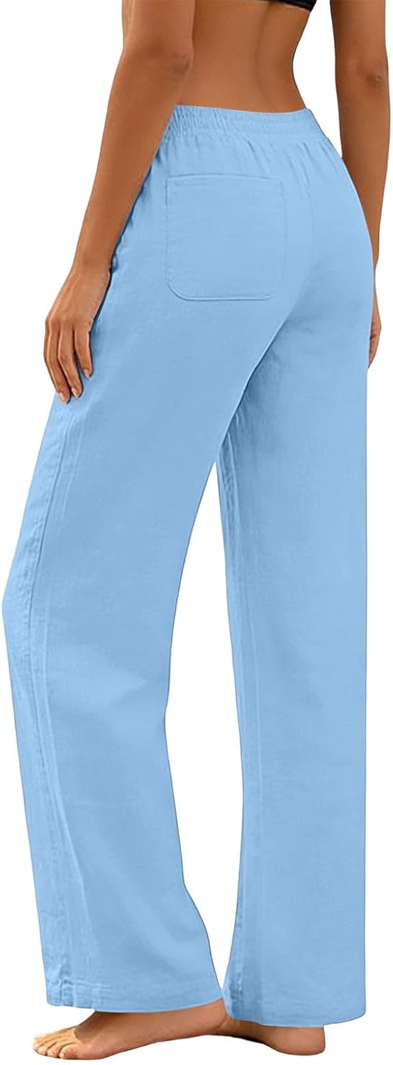 Linen Pants for Women Cotton Baggy Boho Casual Palazzo Pants Wide Leg Drawstring Lounge Trousers with Pockets