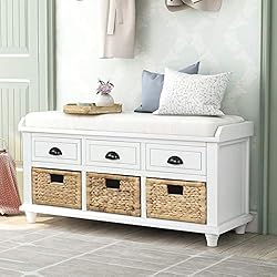 P PURLOVE Fully Assemble Wood Storage Bench Shoe Bench with 3 Drawers and 3 Baskets,Removable Cushion, Home Collection Entryway Bench for Living Room, Entryway,Hallway,White