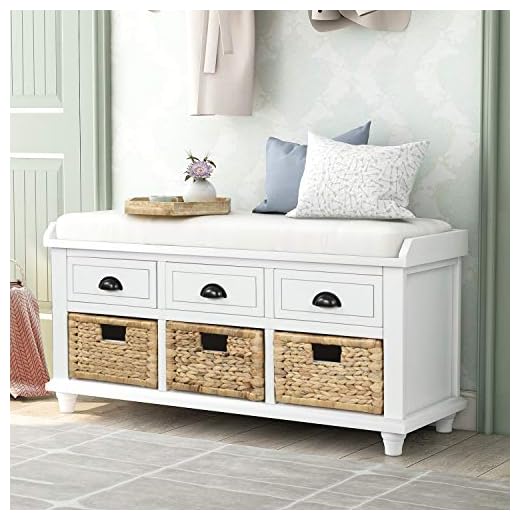 P PURLOVE Fully Assemble Wood Storage Bench Shoe Bench with 3 Drawers and 3 Baskets,Removable Cushion, Home Collection Entryway Bench for Living Room, Entryway,Hallway,White