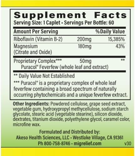 MigreLief Original Triple Therapy with Puracol - Nutritional Support for Migraine Sufferers - 60 Caplets/1 Month Supply - 2