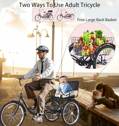 Image of Adult Tricycle Foldable with Child seat 3 Wheel Bicycle for Ladies Tricycle with Basket with Back seat 20 /24in Bikes Maximum Load 550lbs Shock Absorbing Fork Adult-Unisex (24in-7speed-black)