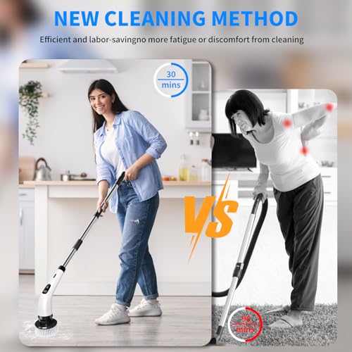 Image of SINZUX Electric Spin Scrubber, Electric Cleaning Brush with 8 Interchangeable Brush Heads, Electric Scrubbing Brush with LED Indicator and Adjustable Extension Handle for Bathroom, Kitchen