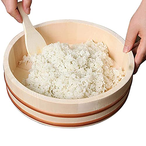 WSHA Japanese Wooden Hangiri Sushi Rice Mixing Bowl Tub Sushi Oke Copper Bands for Sushi Restaurant Kitchen, 72cm/28.3in