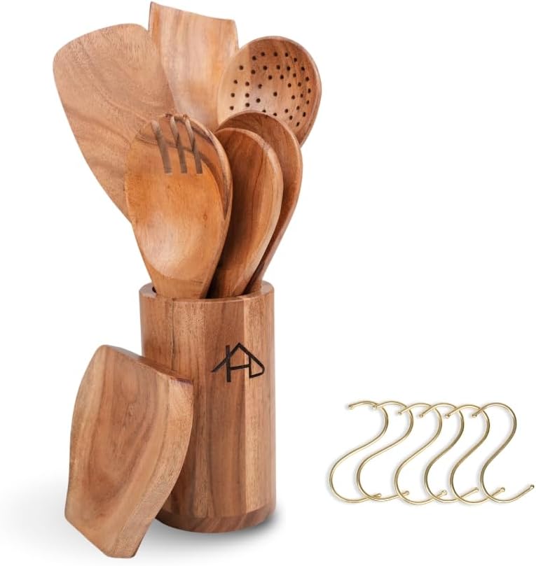 Wooden Cooking Utensils Set – 6 Natural Wood Spoons & Spatulas with Utensil Holder, Spoon Rest, and 6 Metal Hooks – 8 Pc Set Durable Wooden Spoons for Cooking & Serving, Nonstick Kitchen Finds