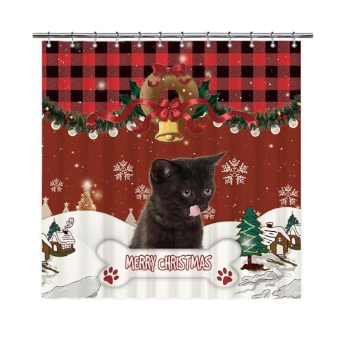 GABSHAIM Merry Christmas Shower Curtain Cute Bombay Cat with Bone Paws Decor Bath Curtains Red and Black Buffalo Plaid Curtain Home Holiday Bathroom Decor 72x72 Inch