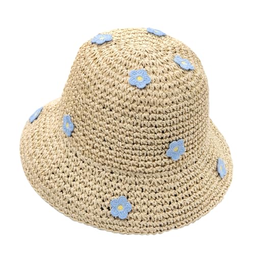Image of YAMEIZE Straw Crochet Bucket Hat for - Women Hat UV Protection Wide Brim Beach Sun Hat Cap Travel Outdoor (UK, Alpha, One Size, Beige)