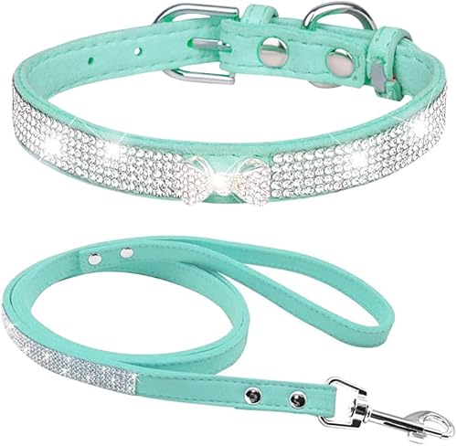 Dogs Kingdom Juego de correa de collar de terciopelo suave con diamantes de imitación para perro y gato, con tachuelas de cristal brillante con dije