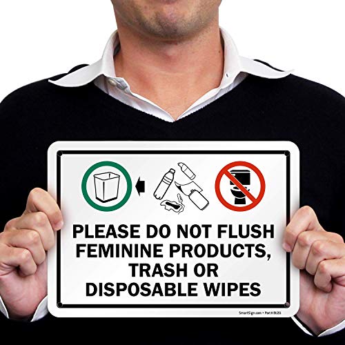 SmartSign 7 x 10 inch “Please Do Not Flush Feminine Products, Trash Or Disposable Wipes” Bathroom Etiquette Sign, 55 mil HDPE Plastic, Multicolor, Made in USA by SmartSign - Used condition - Image 3