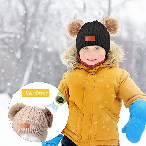 3 Pieces Kids Winter Pompom Hat Knitted Ski Beanie Hat Double Pom Beanie Cap for Girls Boys, for 1-3 Years Old