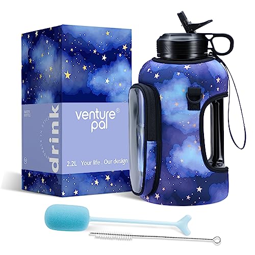 Venture Pal Large 64 Oz/Half Gallon Motivational Water Bottle With Storage Sleeve - Bpa Free Water Jug With Handle And Adjustable Strap - Comes With A Complimentary Cleaning Brush And Straw Brush #TOP12