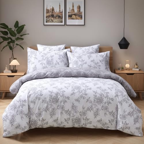 FADFAY Reversible Duvet Cover Set Twin XL Vintage Floral 100% Cotton Ultra Soft Grey and White Bedding with Hidden Zipper Closure 3 Pieces, Twin Extra Long Size for Dorm Room