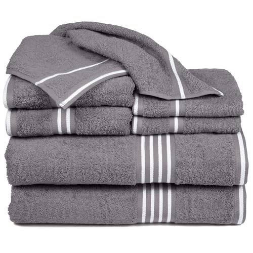Lavish Home 8PC Bathroom Towels Set - 575GSM 100% Cotton Bathroom Essentials with 2 Bath Towels, 2 Hand Cloths, 2 Wash Cloths, and 2 Fingertip Fabric for Shower, Gym, Dorm and Spa (Silver)