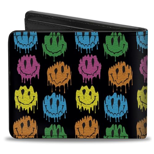 Buckle-Down Wallet, Bifold, Smiley Faces Melted Mini Repeat Black Multi Neon, Vegan Leather2