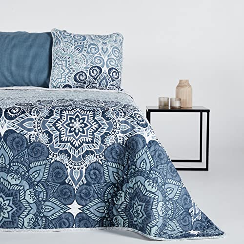 10XDIEZ Colcha Bouti Estampada - Edredón de Cama Entretiempo (Cama de 150cm - Azul Anne)