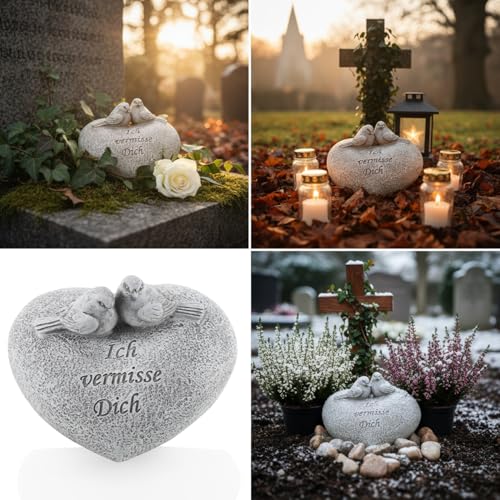 com-four® Grabdekoration Herz, herzförmiger Gedenkstein mit Vögeln und Inschrift, wetterfester Grabschmuck, Trauerstein mit Gedenkspruch