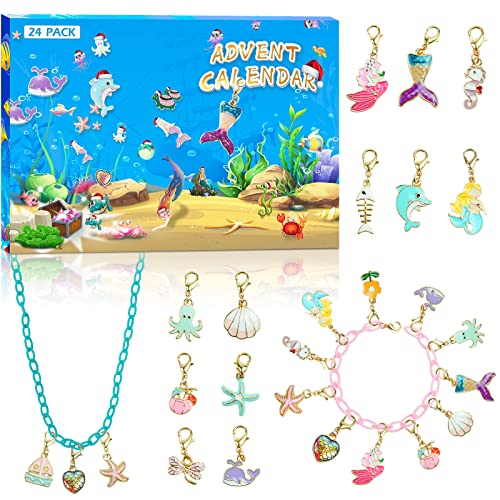 2022 Calendario de Adviento de Navidad para niñas con 24 días Regalo único Calendario de cuenta regresiva Caja ciega Sirena Delfín Estrella de mar DIY Colgante Pulsera Collar Hija Nieta Sobrina Cover