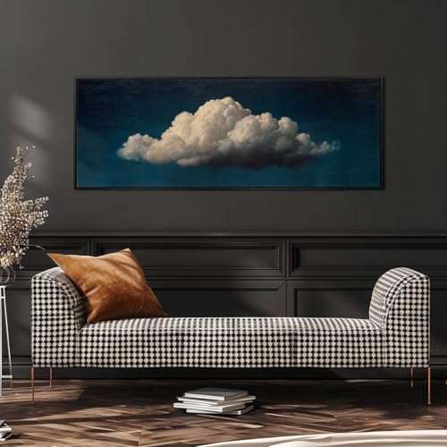 Tableau horizontal panoramique nuage vintage imprimé bleu nuit 40x120cm