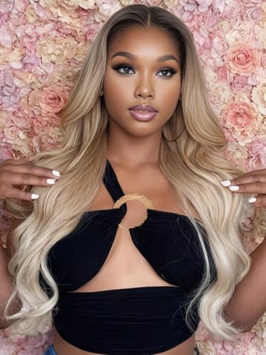 Barbique Highlight Blonde Synthetic Lace Front Wig for Women, Ombre Blonde Synthetic Wig 13x6 Hd Lace Front 26 Inch Long Wavy Heat Resistant Fiber Deep Parting, with Baby Hair Natural Hairline