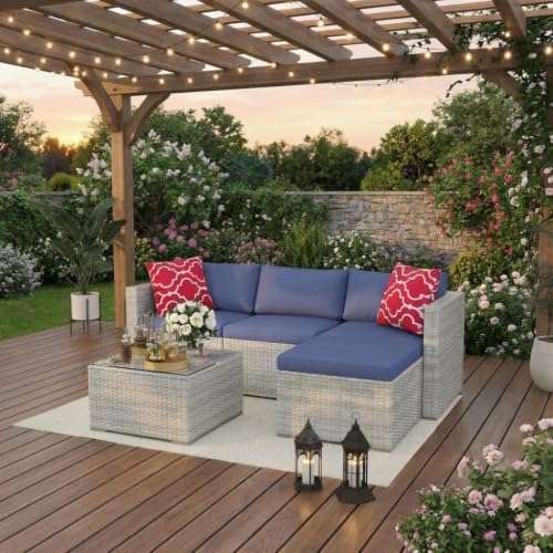 Image of GAOMON 5-Piece Outdoor PE Wicker Patio Sofa Set, All-Weather Modular L-Shaped Sectional with Ottoman, Glass-Top Coffee Table, Thick Cushions & Accent Pillows
