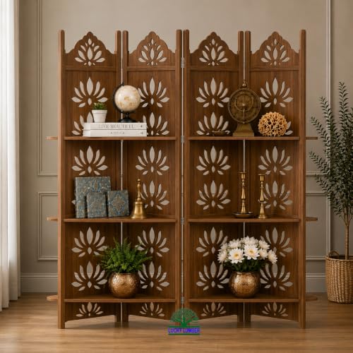 Image of Wooden Room Divider Partition with Display Shelves for Living Room | Foldable 4 Panel Decorative Privacy Screen Separator for Home, Office & Bedroom | (Natural with Shelves)