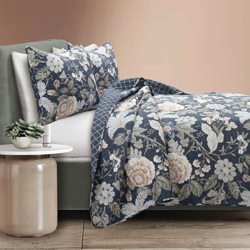 Image of Lush Decor Sydney Reversible Cotton Quilt Set, 3 Piece Set, Full /Queen, Navy & Multi - Cotton Bedding Set - Navy Floral Quilt - Cottage Decor - Bedding Queen Size