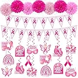Breast Cancer Awareness Decorations, with 1pcs No DIY Pink Ribbon Banner, 16pcs Breast Cancer Decorations Hanging Swirls 7pcs Paper Pompoms, Breast Cancer Awareness Decorations for Office
