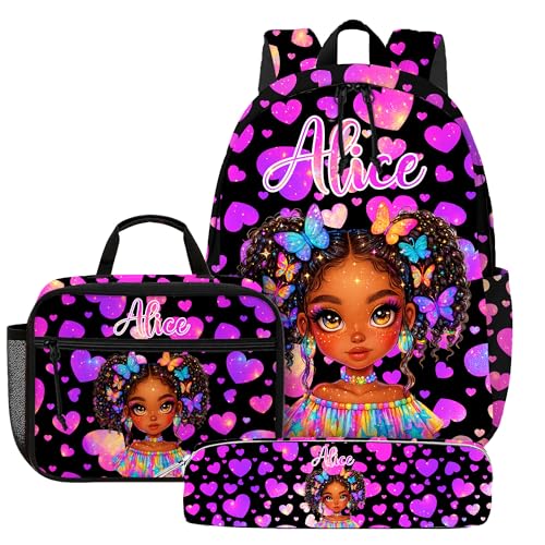 ONFAON Personalized Backpack for Girls – Custom Name School Bag with Black Girl Design – Glitter Gift for Kids & Tweens Back to School