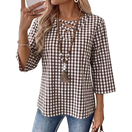 Rapbin Womens 3/4 Sleeve Tops Cotton Linen Shirts V Neck Criss Cross Tees Loose Fit Blouses Summer Fashion