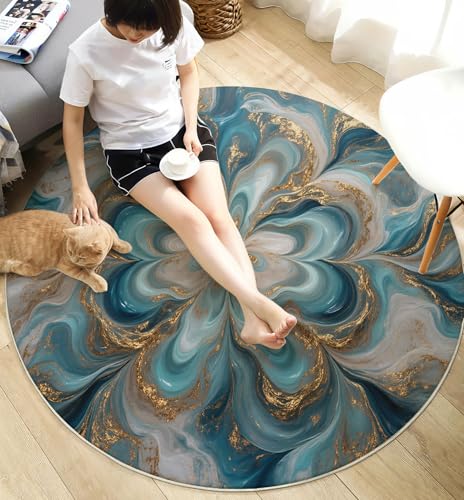 Tapis de salon rond bleu 80cm moelleux extra doux lavable