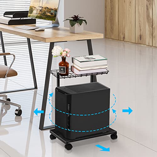 Computer Tower Stand,C-Shaped Iron Basket 2-Tier Pc Stand,Pc Tower Stand For Under Desk With Lockable Wheels,Can Placed Computer Cases,Magazines And Snacks,Suitable For School,Office(Black) #TOP7