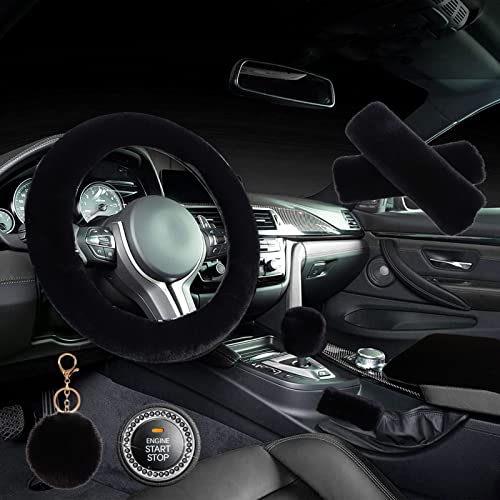 ZYNQACC 1 Set 8 Pieces Fluffy Steering Wheel Cover Set,Warm Soft Fuzzy Steering Wheel Covers for Women/Girls,Universal 15 Inches Girls Car Accessories (Black) by ZYNQACC - Used condition - CA$15.88