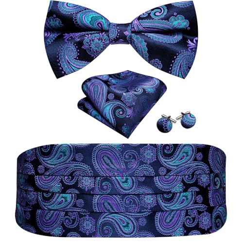 Image of YOHOWA Men Cummerbund Bow Tie Set Silk Paisley Formal Pre-Tied Bowtie Pocket Square Cufflinks Wedding Party Prom