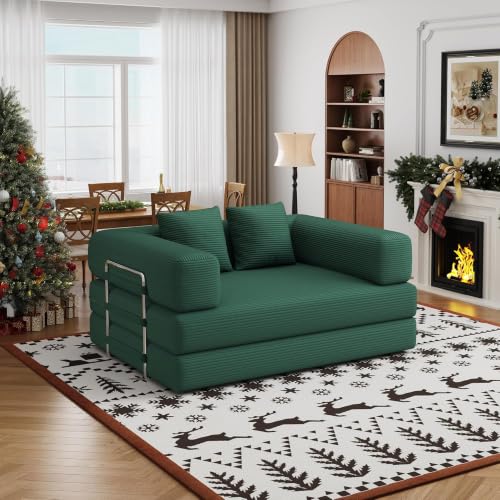 4 in 1 Convertible Sofas Boneless Couches with 2 Pillow, Modern Corduroy Futon Bed, Modular Queen Sofa with Pull-Out Bed, LoveSeat for Living Room, Small Space Apartment (Green, 53.15"Double Sofa)