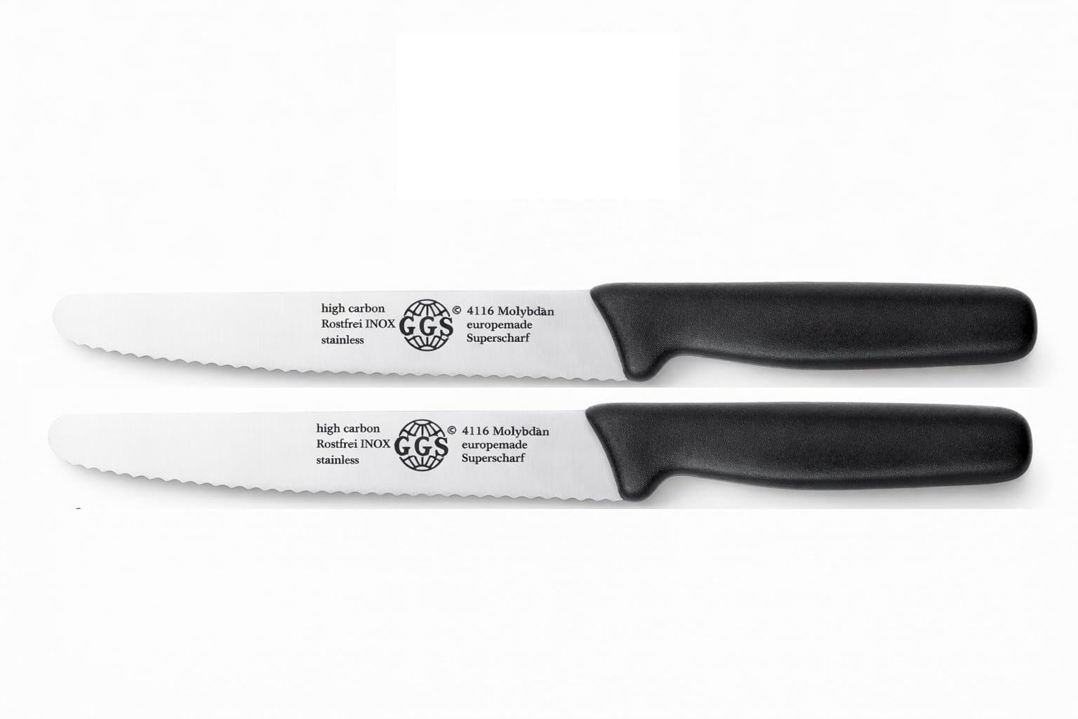 EQUINOX Tomato Knife 13 cm – GGS Solingen Germany Serrated Utility Knife/Knife Set, Ultra Sharp Stainless Steel, Professional Kitchen Knives for Steak, Vegetables & Fruits (Black Set of 2)