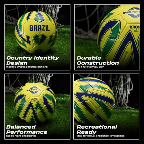 Image of Nivia Kross World Football (Brazil) Training Ball, 32 Panels, Durable Rubber Hand-Stitched, Latex Bladder, As Per AIFF Standards, to Play On Both Natural and Artificial Grass (Size - 5, Yellow /Green)
