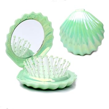 Metallic Shinning Finish Foldable Travel Hair Brushes with Mirror Shell Shape Portable Folding Pocket Hair Brush Mini Hair Comb Compact Size Hair Massage Comb Green