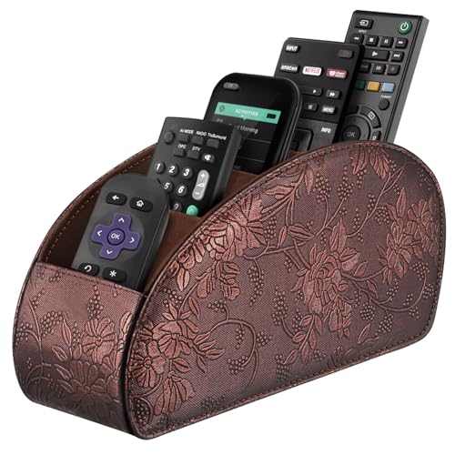 Image of SITHON Remote Control Holder with 5 Compartments - PU Leather Remote Caddy Desktop Organizer Store TV, DVD, Blu-Ray, Media Player, Heater Controllers, Antique