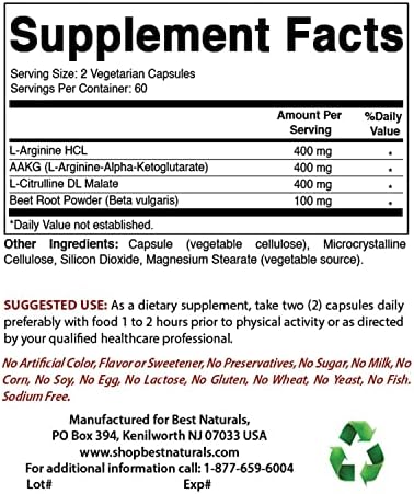 Best Naturals L-Arginine NO Booster Triple Strength 1300 mg Serving 120 Veg Capsules (120 Count (Pack of 1))