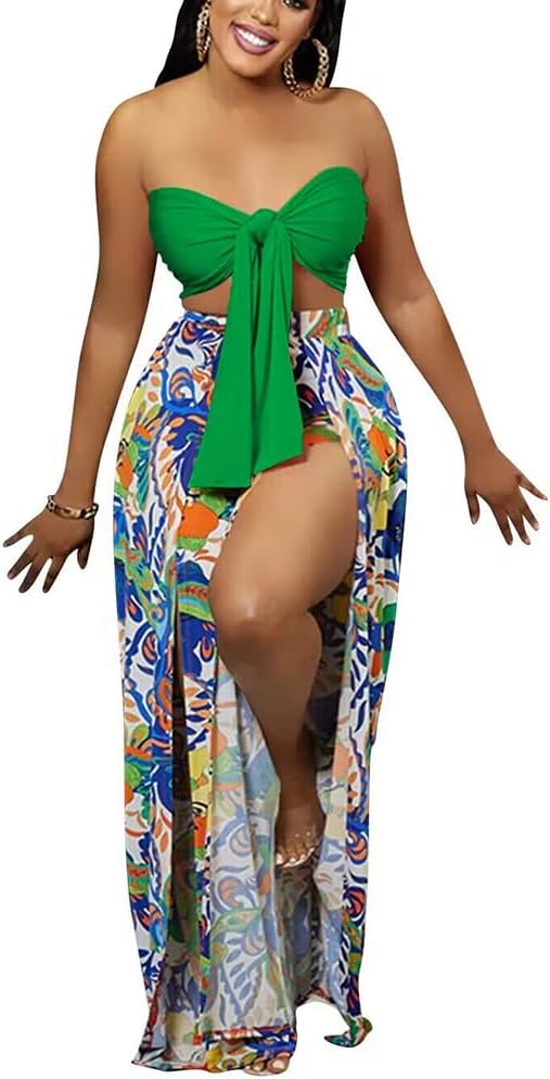 2 Piece Outfits for Women Summer Sleeveless Crop Tops Wide Leg Slit Pants Set Boho Floral Print Vacation Outfits