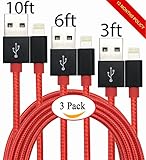 GreatYakonn 3Pack3/6/10ft Lightning Charging Cable Cord Nylon Braided USB Charge and Sync Cable for Apple iPhone 7/7 plus/6/6s/6 plus/6s plus,5c/5s/5,iPad Air/Mini Compatible with iOS10(Red)