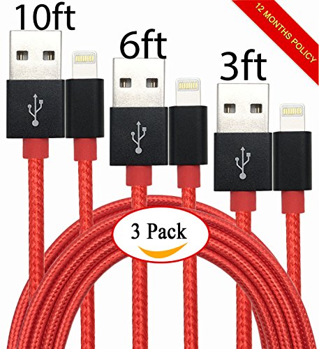 GreatYakonn 3Pack3/6/10ft Lightning Charging Cable Cord Nylon Braided USB Charge and Sync Cable for Apple iPhone 7/7 plus/6/6s/6 plus/6s plus,5c/5s/5,iPad Air/Mini Compatible with iOS10(Red)