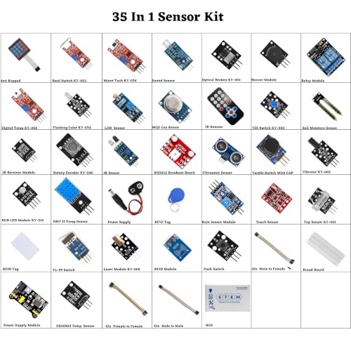 Image of 35-in-1 Sensor Module Kit Compatible with UNO, Raspberry Pi, ESP32 - Includes Temperature, Light, Sound, Touch, IR, Tilt, RGB LED, Joystick, Buzzer, and More