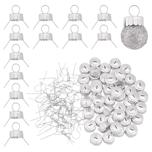 Arricraft 100 Sets Round Christmas Ornament Caps, Silver Aluminum Replacement Caps with Removable Metal Hangers for Glass, Porcelain, Ceramic DIY Decorations