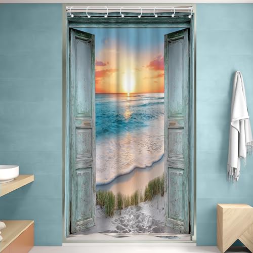 Small Stall Ocean Beach Teal Barn Door Hawaiian Bathroom Shower Curtain Set