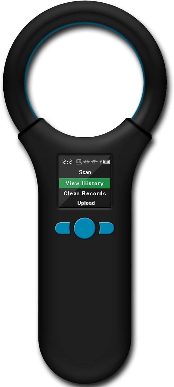 Front view of the Smoostart Multifunction Bluetooth Microchip Scanner, showing its black body, blue buttons, and display screen.