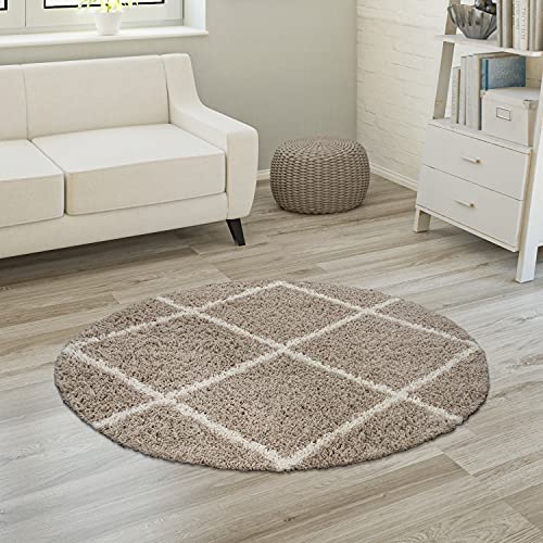 Paco Home Hochflor Teppich Wohnzimmer Schlafzimmer Shaggy Skandinavisch Rautenmuster, Grösse:Ø 120 cm Rund, Farbe:Beige