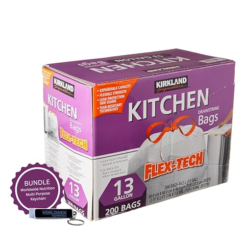 Worldwide Nutrition Bundle Compatible with Kirkland Signature Flex-Tech 13 Gallon Kitchen Garbage Bags with Drawstring Closure - 200 Count Pack of Tall Trash Bags for Kitchen with Keychain