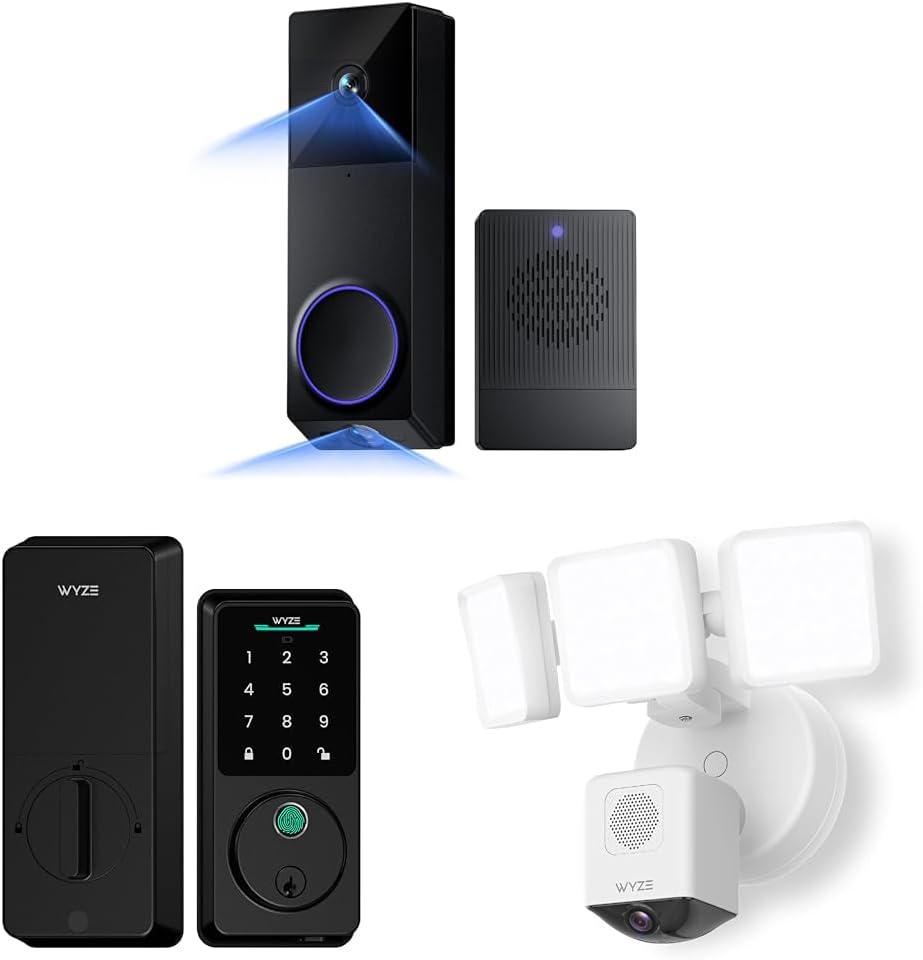 Bundle of WYZE Wireless Duo Cam Video Doorbell (Chime Included) + Wyze Auto-Lock Bolt v2 + WYZE Floodlight Camera Pro, Battery Powered, 2K Full HD Video, 2 Cameras (People and Package), 2-Way Audio