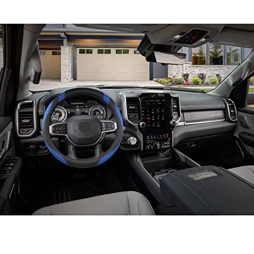 West Llama Customized Auto Car Steering Wheel Cover for Dodge RAM 1500 2500 3500, 15.5-16 inch (Black+Blue-Large Size)