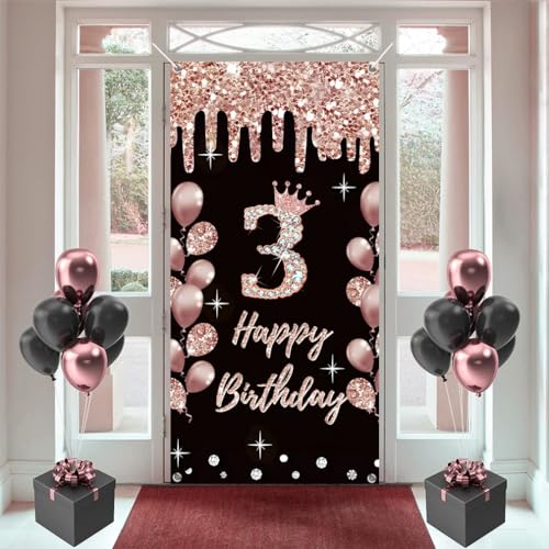 Decorazioni per il 3° compleanno per ragazza, Happy 3 Years Old in tessuto poster sfondo oro rosa striscione per porta, forniture per feste di 3° compleanno, sfondo fotografico, cartello di benvenuto
